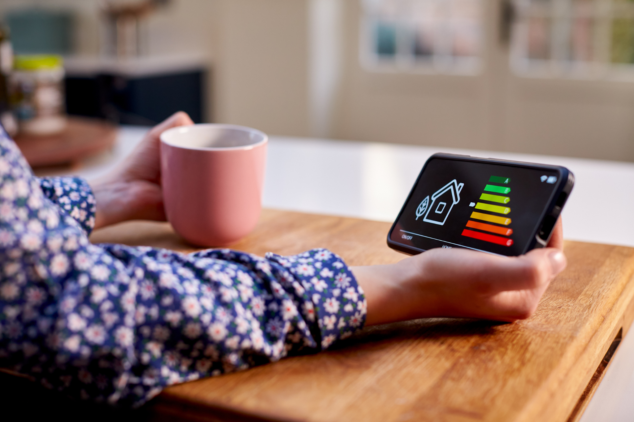 Person looking at energy efficiency on their phone.