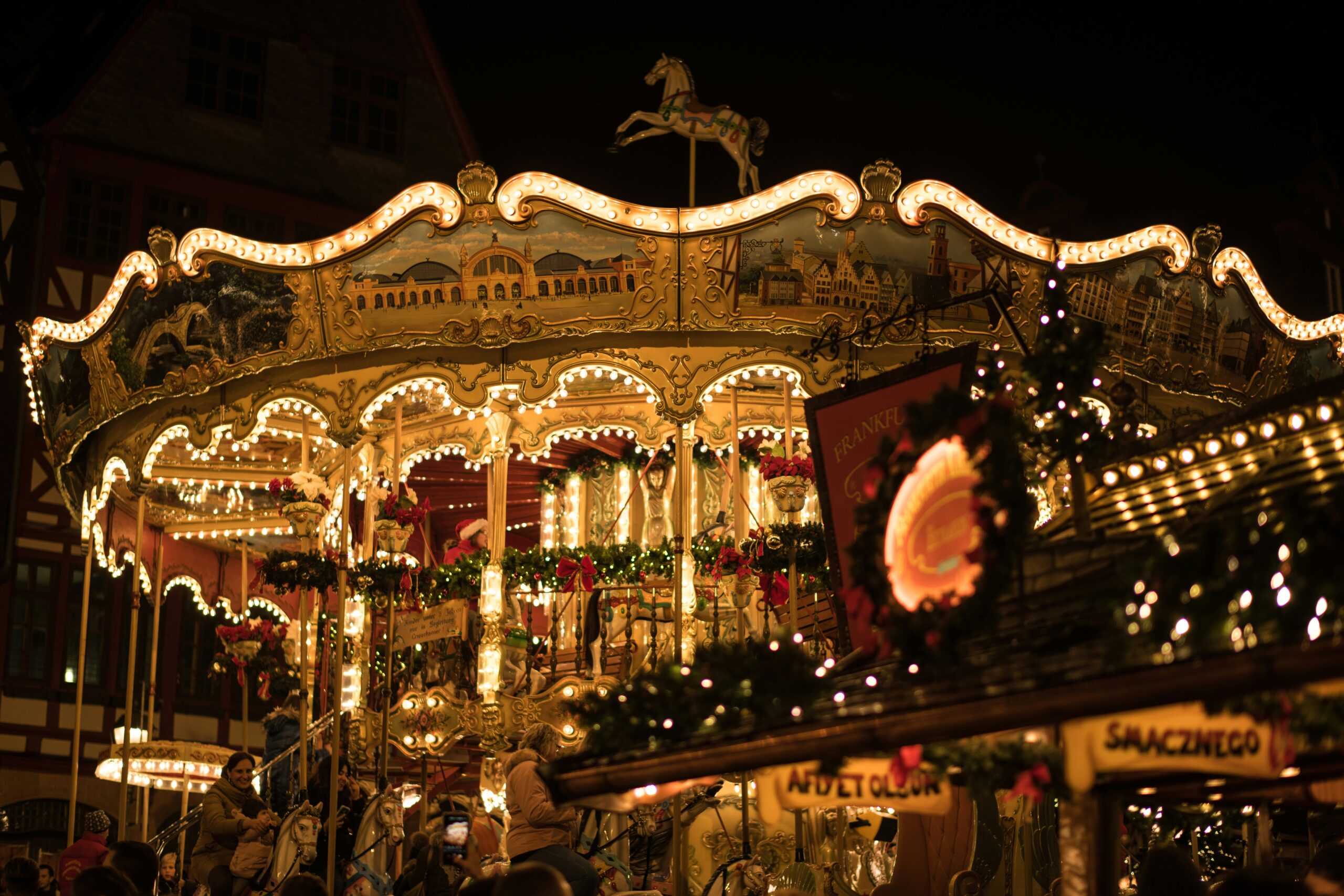 A Christmas market in Frankfurt, Germany.